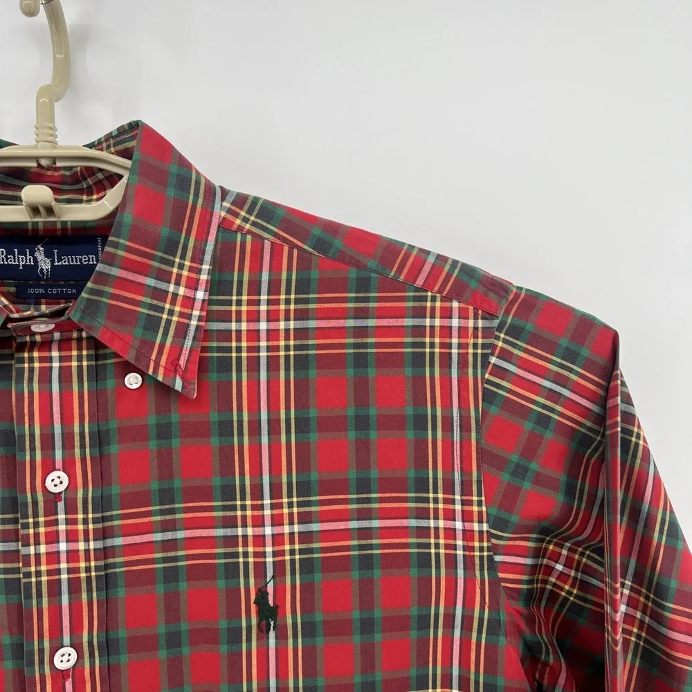 Polo Ralph Lauren Shirt Medium Classic Plaid Red Green Button Long Sleeve Pocket